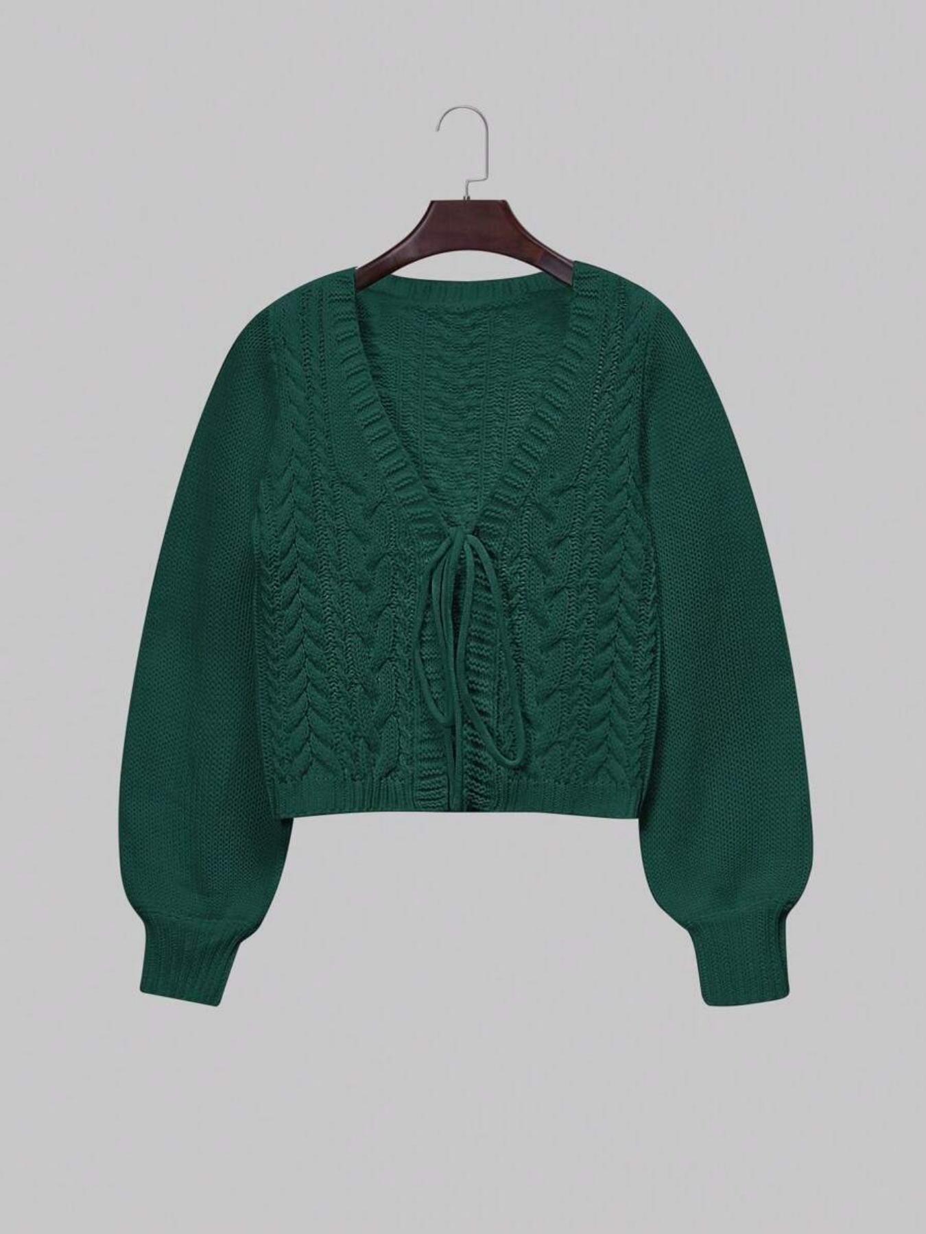 Women's Solid Drop Shoulder Long Sleeve Cardigan, Lady Knitting Tops, Minimalist Tie Front Knitwear With V Neck For Fall & Winter