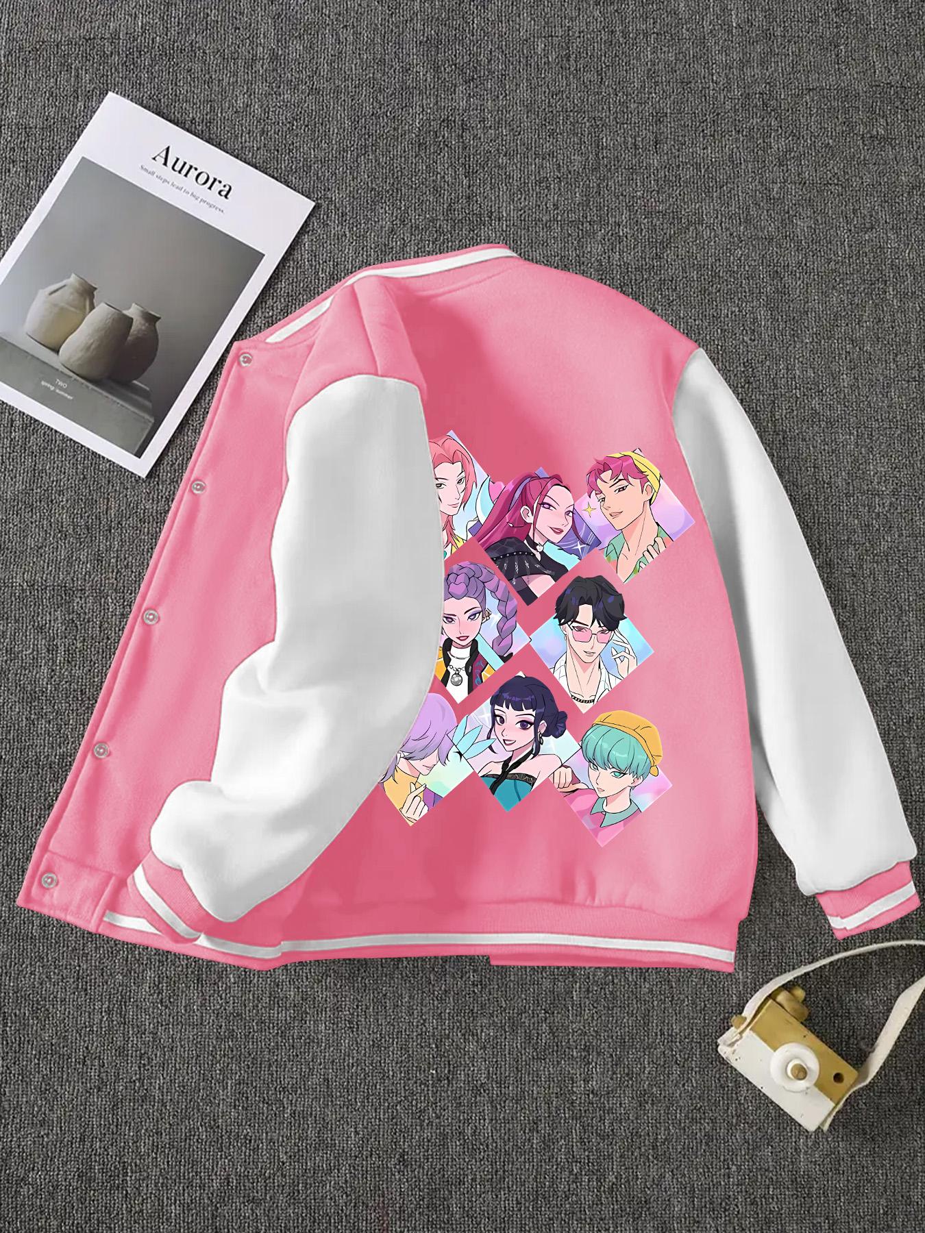 Girls' Spring & Fall Fashion Kpop Series Print Fleece Lined Jacket, Cute Letter Pattern Baseball Coat, Casual Preppy Style Outerwear, Casual Comfy Jacket