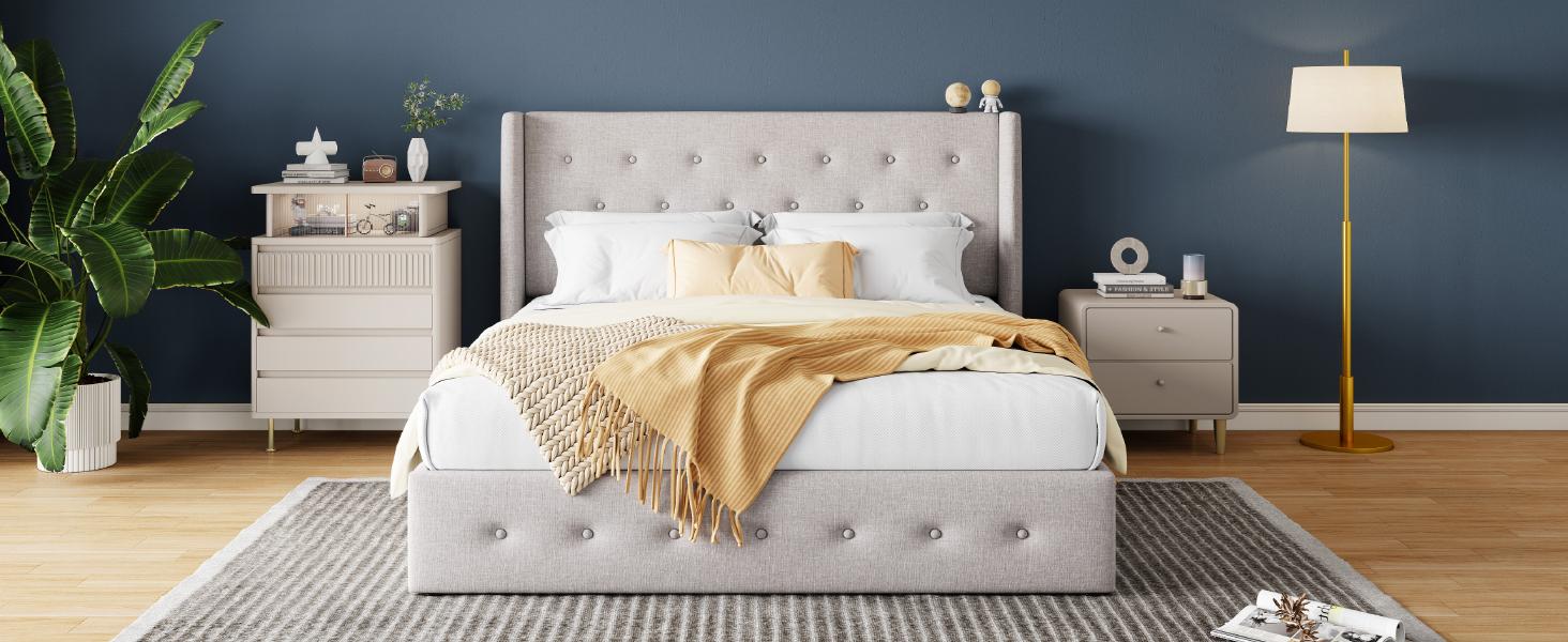 HOOMIC Lift-Up Storage Bed Frame【Frame Only No Mattress】- Modern Wingback Headboard with Hydraulic System & Upholstered Platform,Wood Slat Support,Light Beige/Grey/Yellow/Black/White,No Box Spring Needed,Full/Queen/King