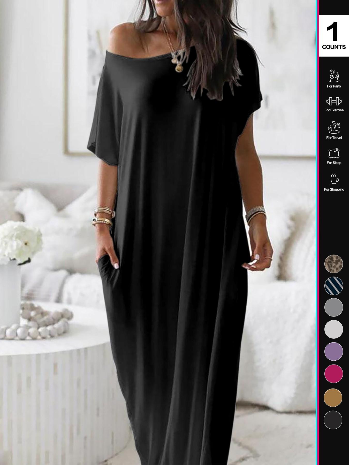 Women's Solid Color Casual Loose Batwing Sleeve Homewear Loungewear Dress, Comfortable Daily Wearing Nightdress, Versatile Ladies' Sleepwear for All Seasons