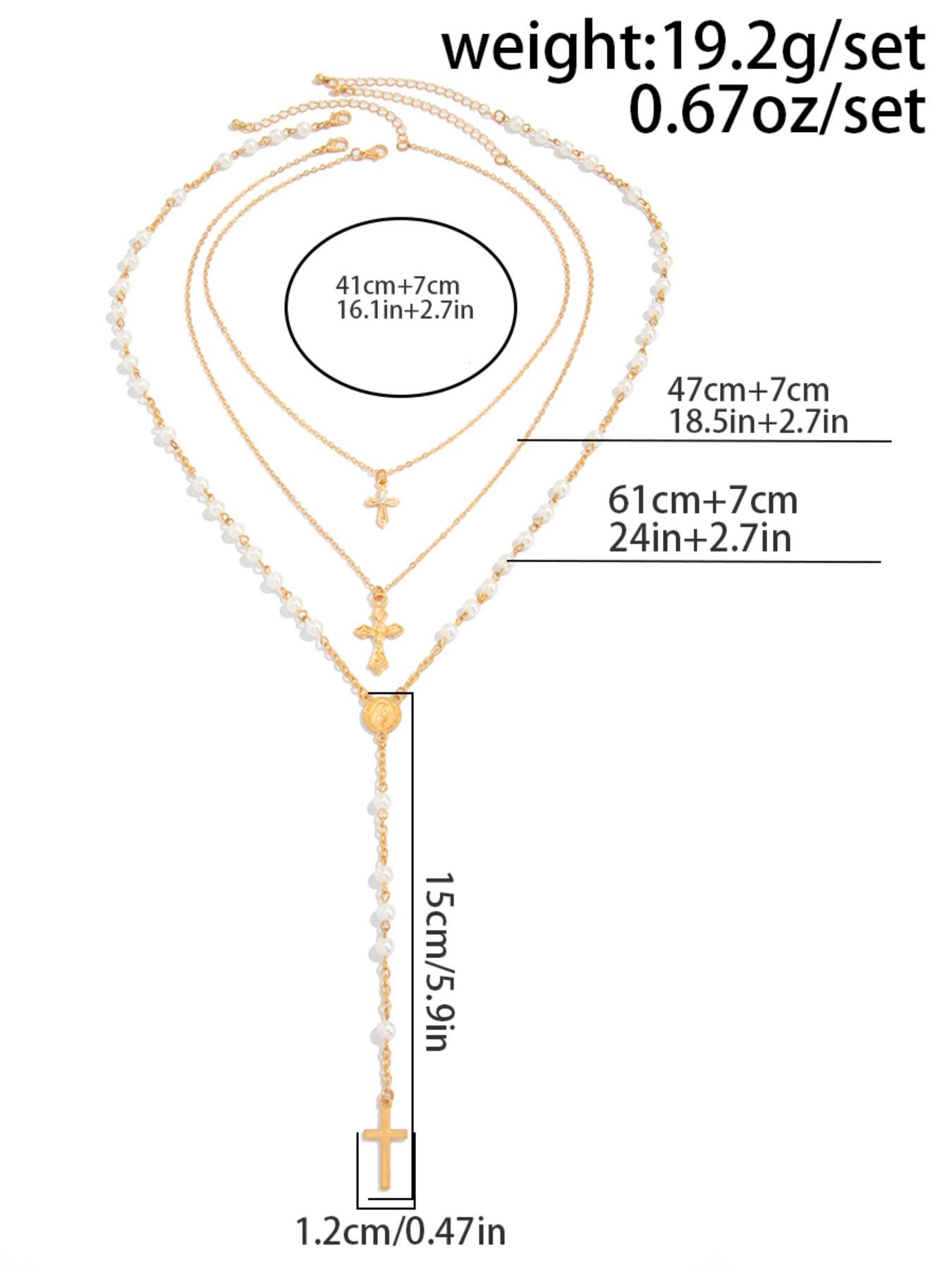 3-Piece Retro Punk Metal Cross Pendant Y-Chain Necklace Set, Men's Hip-Hop Fashion Artificial Pearl Beaded Multi-Layer Necklace