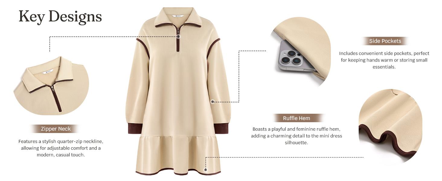 Wenrine Women's 2025 Fall Oversized Sweatshirt Dress Casual Long Sleeve Quarter Zip Ruffle Hem Pullover Mini Dresses Soft Polyester Fabric Basic Minimalist Design Womenswear Summer