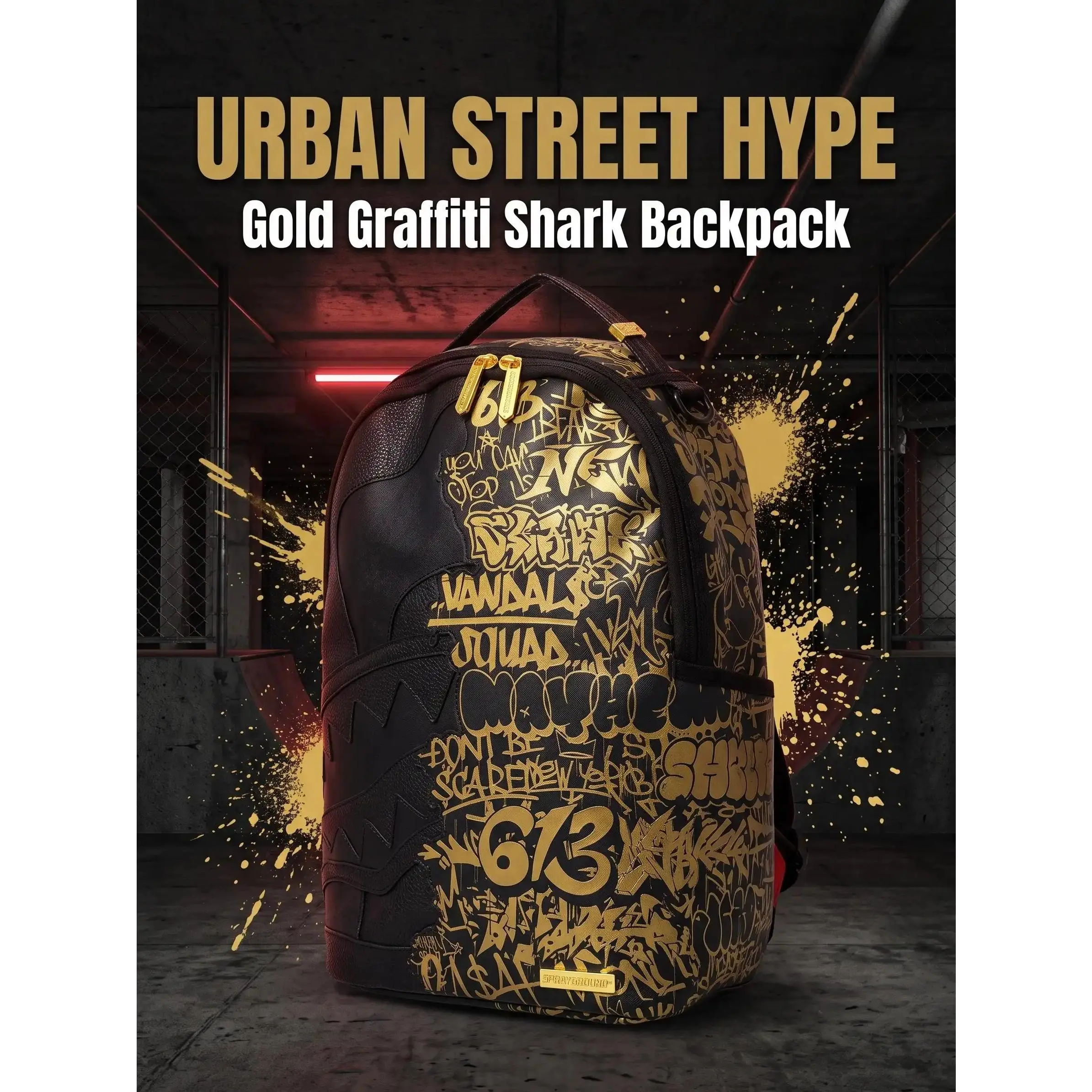 SG Black Gold Graffiti Shark Mouth Backpack, Vandal Squad Gold Tag Streetwear School Travel Bag, Spacious Durable Laptop Daypack for Men Women, Urban Luxury Tech Backpack