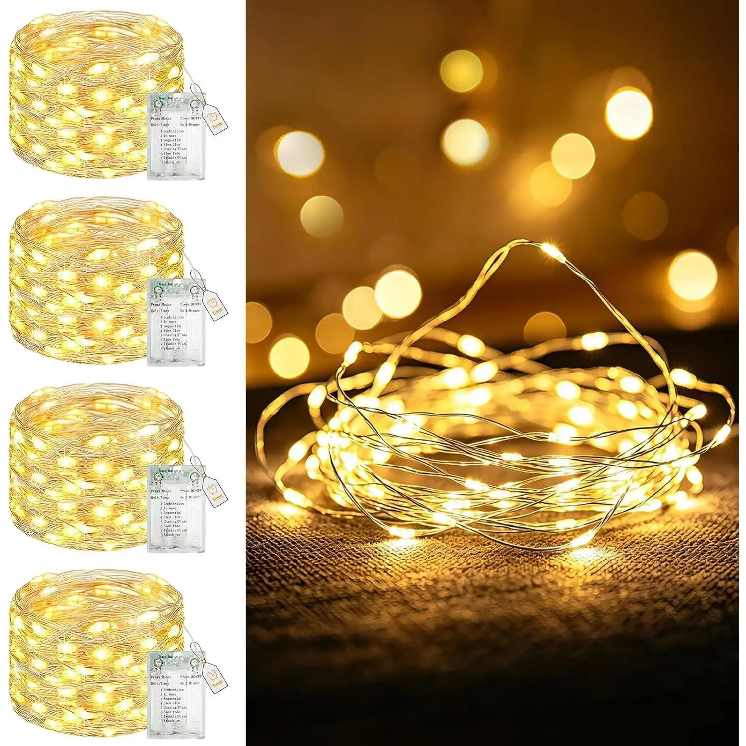 4 Pack Fairy Lights Battery Operated with Timer, 16FT 50LED Twinkle String Lights USB Powered, 8 Mode Dimmable Cuttable Wire Light Waterproof for Indoor Bedroom Wedding Christmas, Warm White