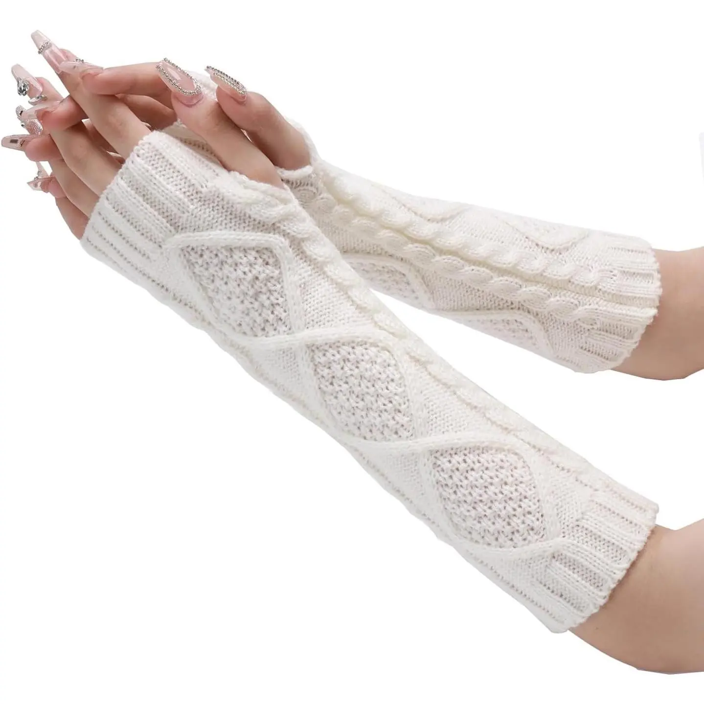 Cable Knitted Arm Warmers Thumb Hole Winter Long Fingerless Gloves