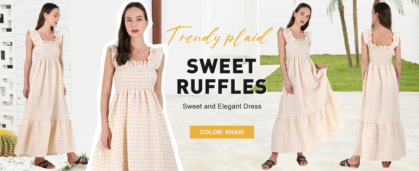 Chouyatou Women's Sleeveless Strap Retro Plaid A-Line Smocked Maxi Long Dress with Ruffled Hem SpringStatements