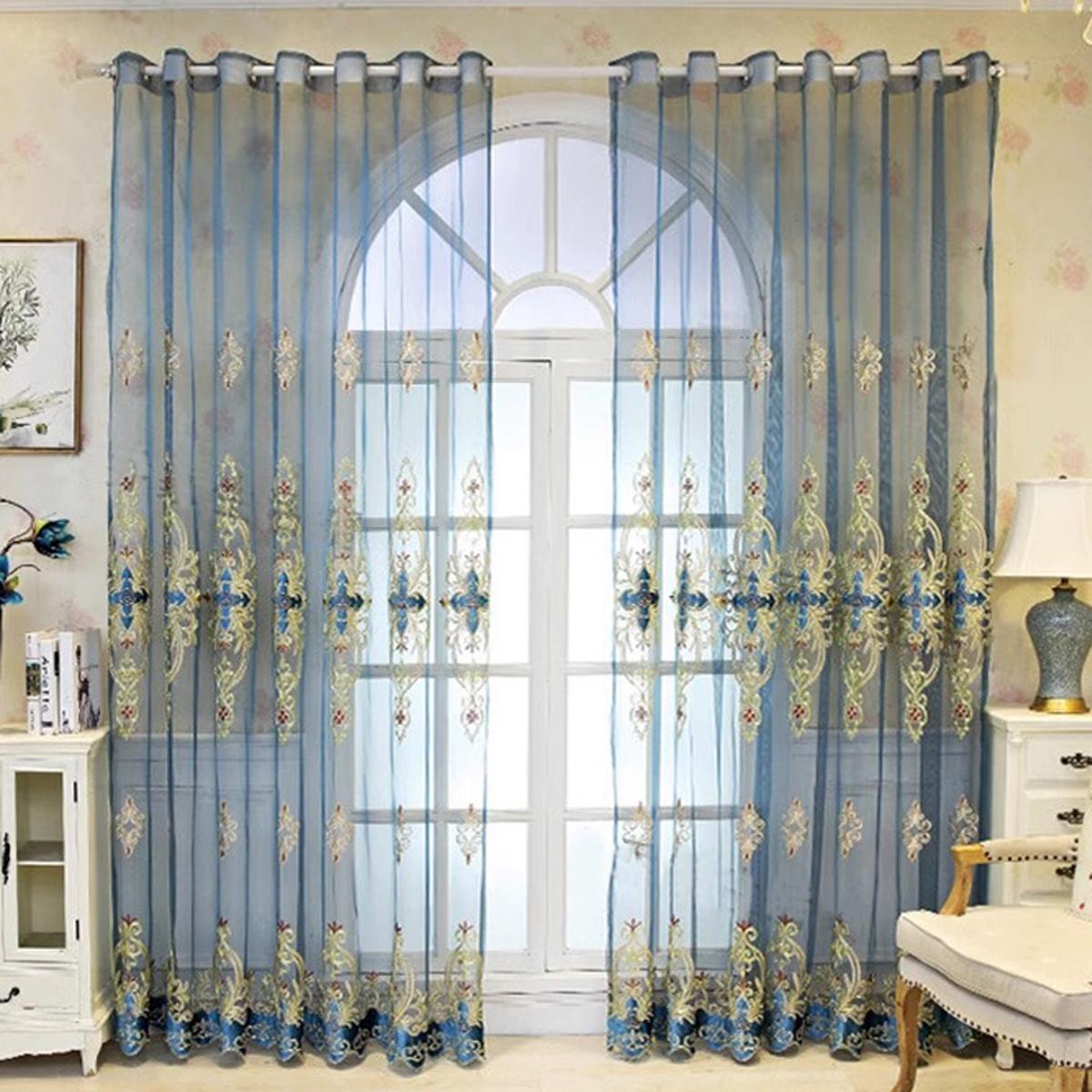 2pcs European Heavy Embroidery Sheer Curtains, Living Room Arched Floor-To-Ceiling Window, Vintage Style Punch Hole Balcony Curtain