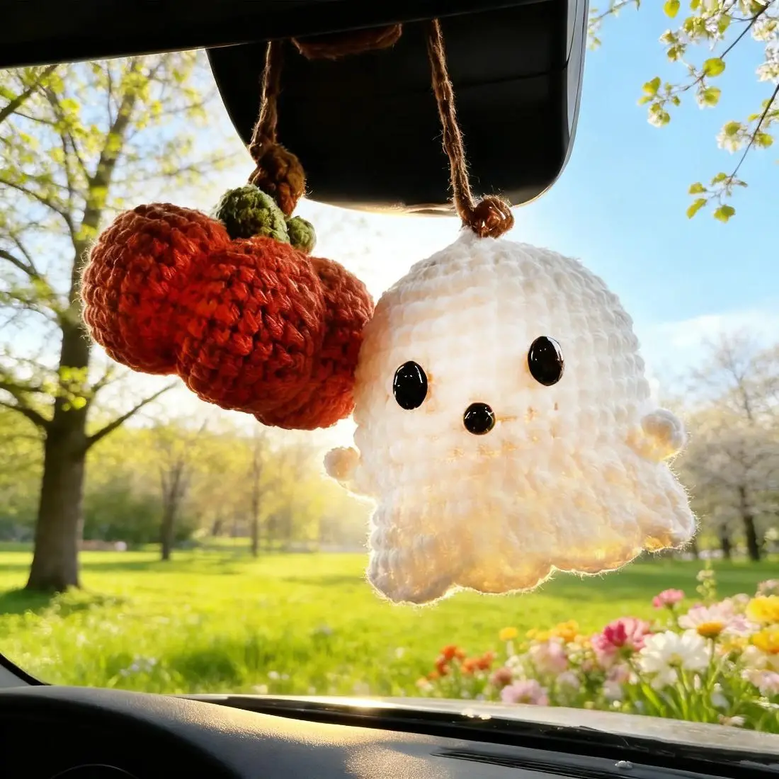 Crochet Ghost & Pumpkin Rear View Mirror Hanging Car Charm Handmade Cute Spring Summer Cozy Season Road Trip Ornament Amigurumi