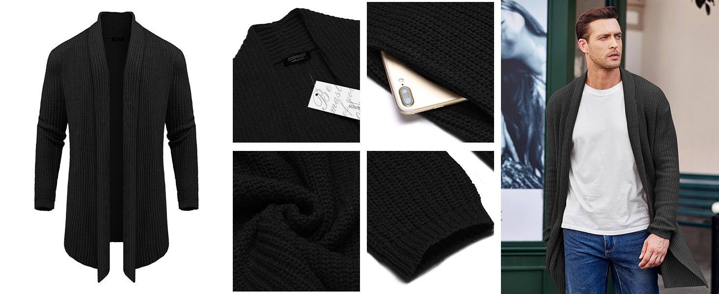 COOFANDY Men's Shawl Collar Long-Sleeve Basic Fitted Plain Knit Cardigan - Ruffle Detail Slim Drape Cape Sweater, Soft 100% Polyester, Not Tight Hanging Out Pockets, Casual Classic Menswear Tops, Imported, Dry Clean/Hand Wash, Ideal for Party/Sunday Lunch