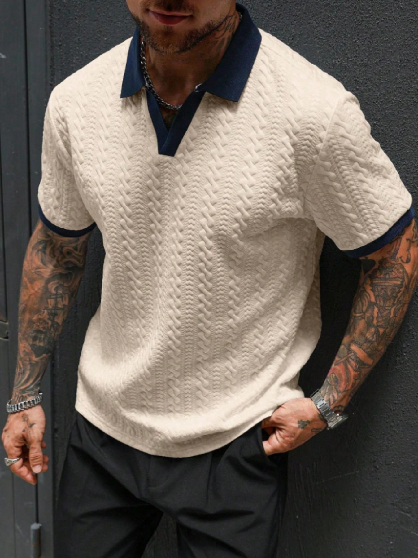 Men's Retro Colorblock Polo Shirt, Textured V Neck Short Sleeve Top, Casual Street Style, Summer Fashion, Fitted Leisurewear
