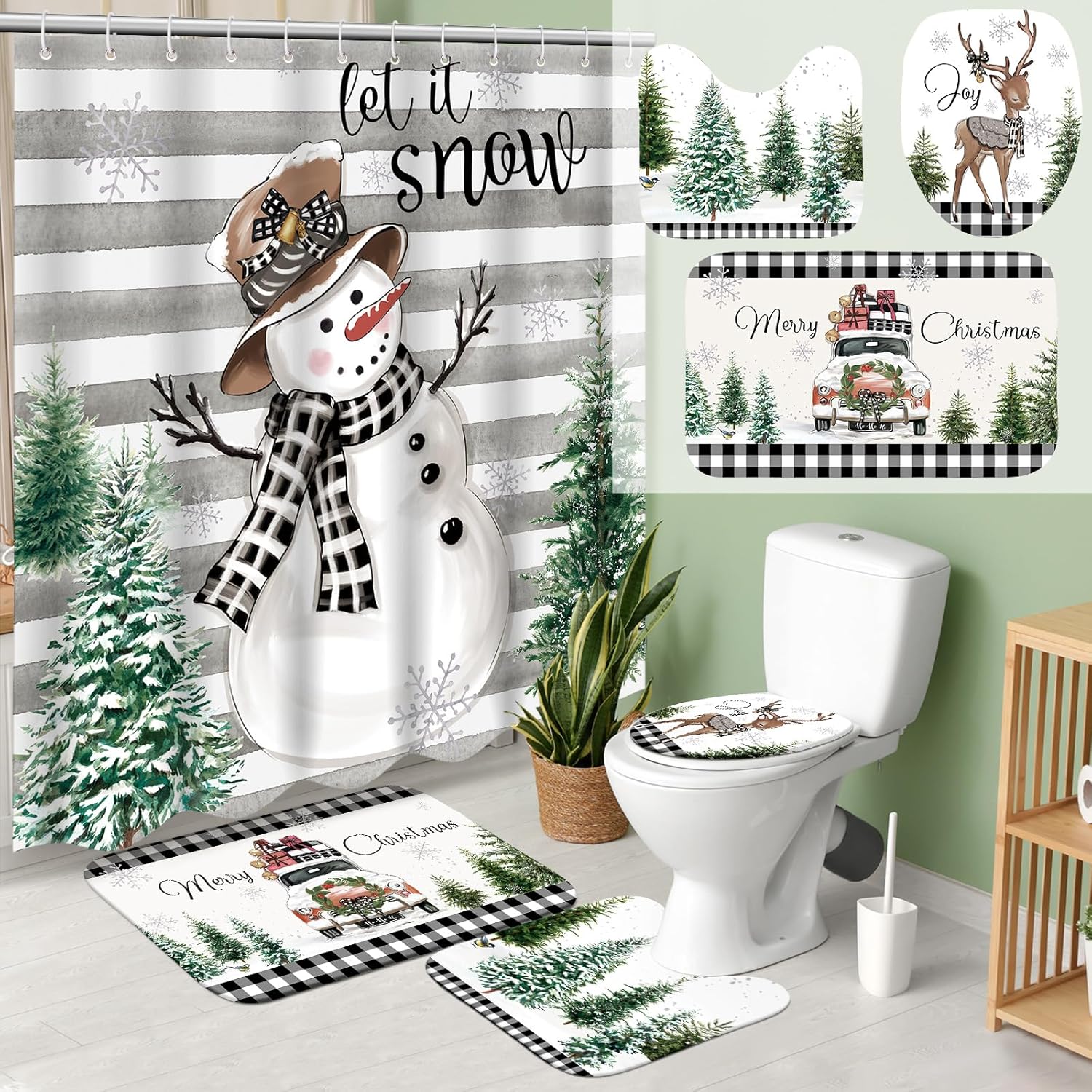 4 Pcs Christmas Shower Curtains Set with Non Slip Rug Winter Christmas Bathroom Decor Toilet Lid Cover and Bath Mat Snowman Shower Curtain with 12 Hooks for Xmas Bathroom Decor