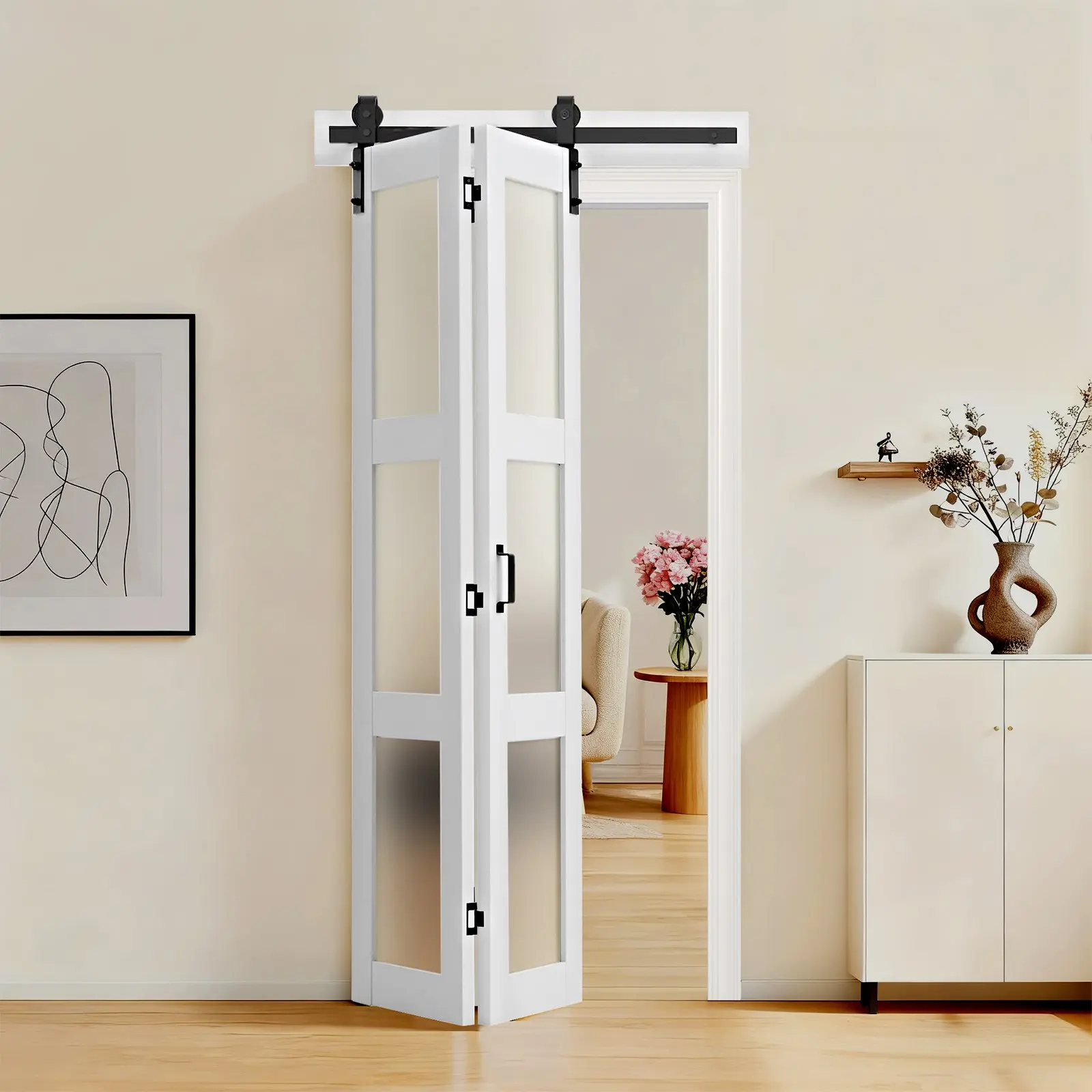 VEVOR Bifold Barn Closet Door, 36" x 84", MDF & Glass Construction with Tempered Glass, Hardware Kit Included, Space-Saving Furniture, Pre-Assembled Panels for Bedroom, Living Room, White