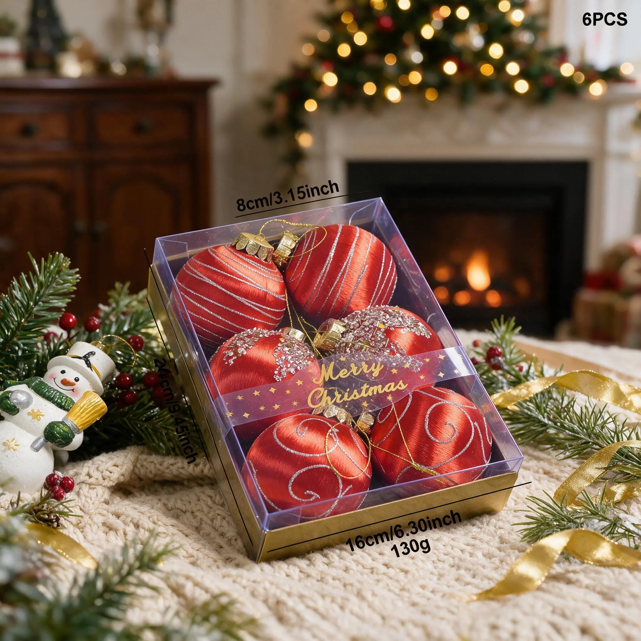 6-Pack 8cm Gold Thread Christmas Ornaments, Luxury Sparkling Velvet Balls, Silver Color Patterns, Durable Plastic Core, Gift Box Packaging