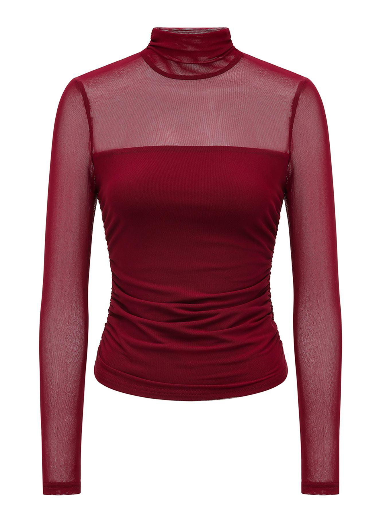 Women's Mesh Sheer Long Sleeve Ruched Top, Sexy Fitted High Neck, Fashion Chic Casual Versatile Basic Base layer