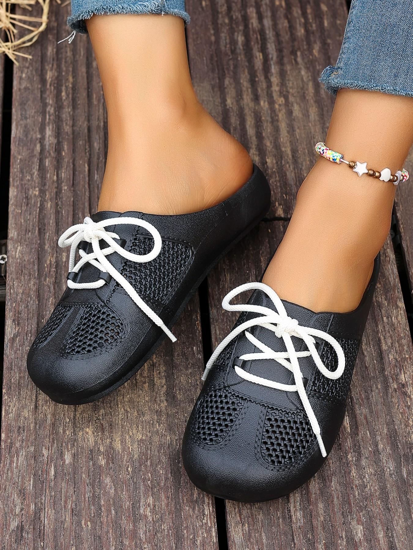 Sweet Style Mesh Cutout Tie Mueller Slippers, Open Toe Outdoor Women's Half Sandals, Comfortable Summer Footwear