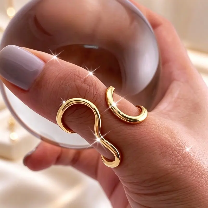 Women's Asymmetrical Open Copper Ring | Adjustable Stainless Steel Stackable Interlocked Rings | Minimalist Modern Edge Everyday Outdoor Jewelry