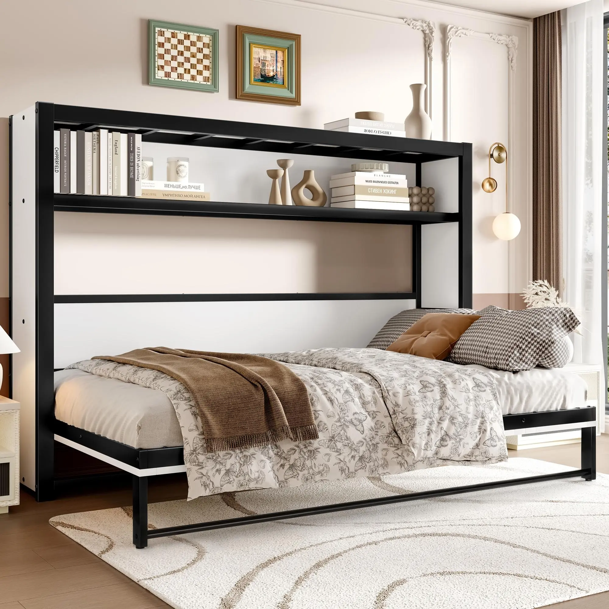Twin Size Murphy Bed with Shelves, Metal Foldable Wall Bed with Space-Saving Design, Off White, for Guest Room, Home Office, Small Apartment