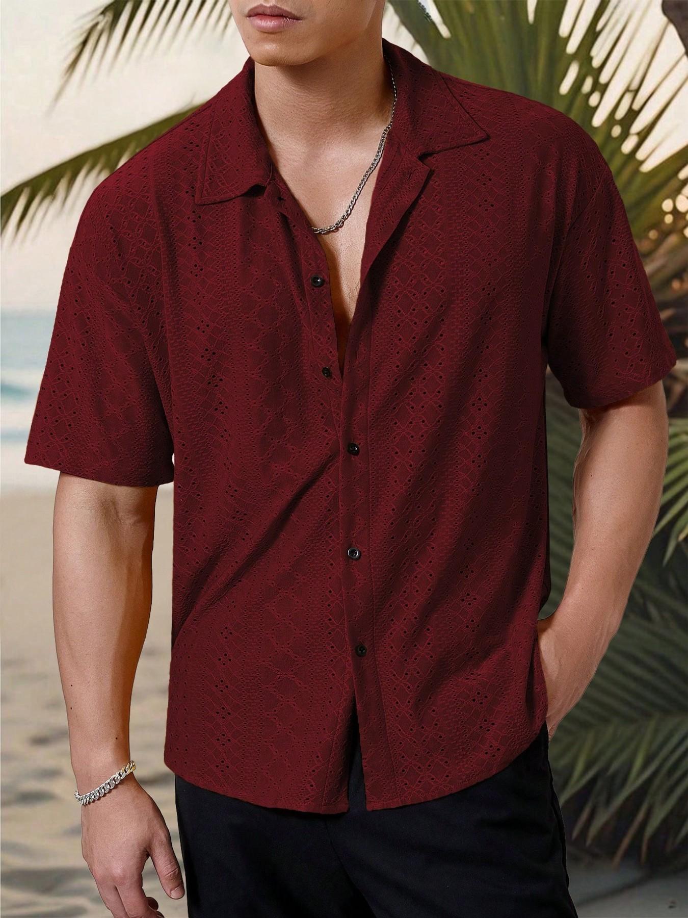 Men's Vacation, Tropical Casual Style, INS Matched Knitted Black And White Geometric Striped Crochet Textured Jacquard Loose Short-Sleeve Shirt, Featuring A Button Placket, This Shirt Embodies Elegance And Romance, Making It Perfect For Hawaiian Beach