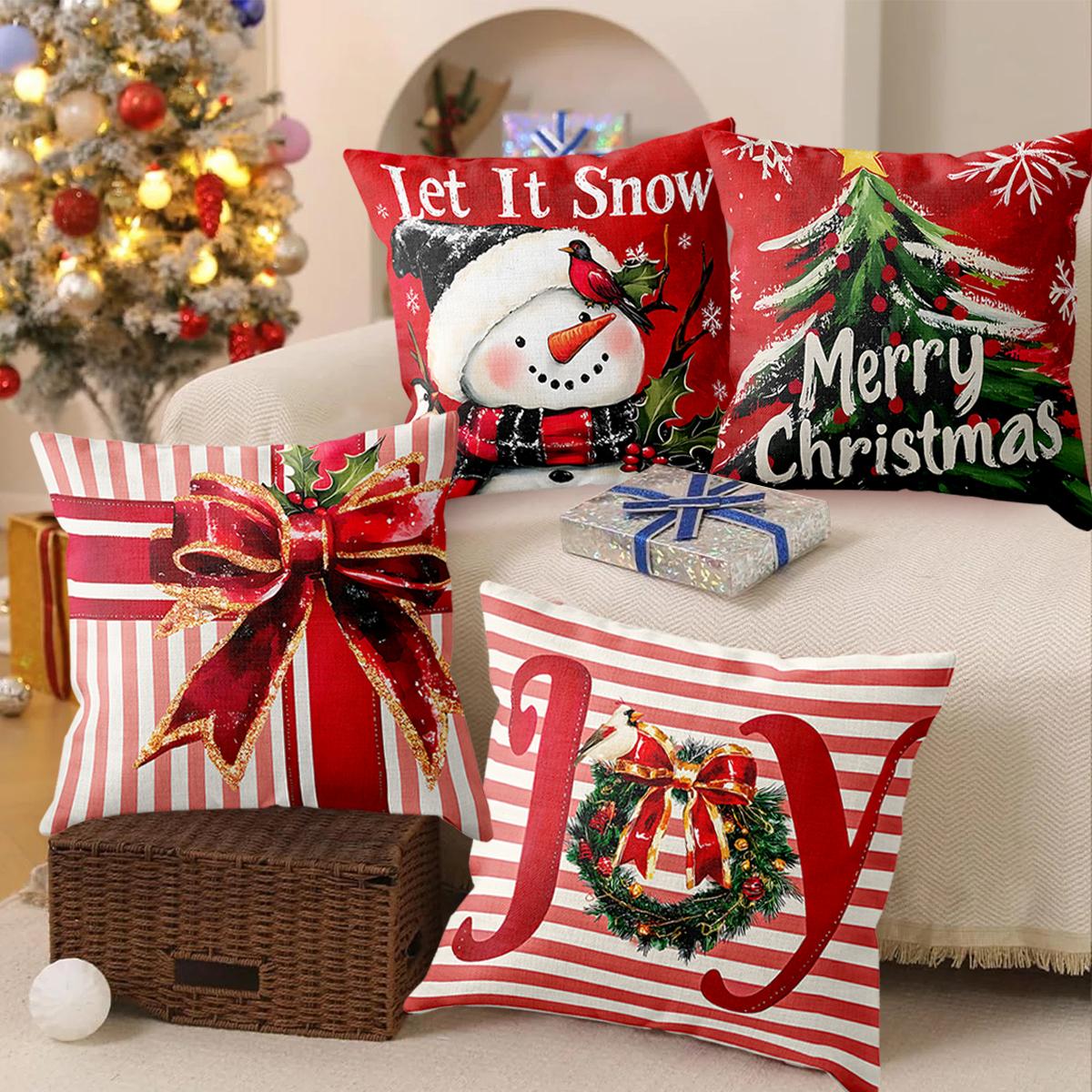 4pcs Set of 18x18 Inch Christmas Throw Pillow Covers,  Winter Holiday Cushion Case Decoration, Snowman&Christmas tree Designs, ZipperClosure,Linen,Merry Christmas Decor 2025 for Home, Couch, Sofa, Living Room – No Inserts Included