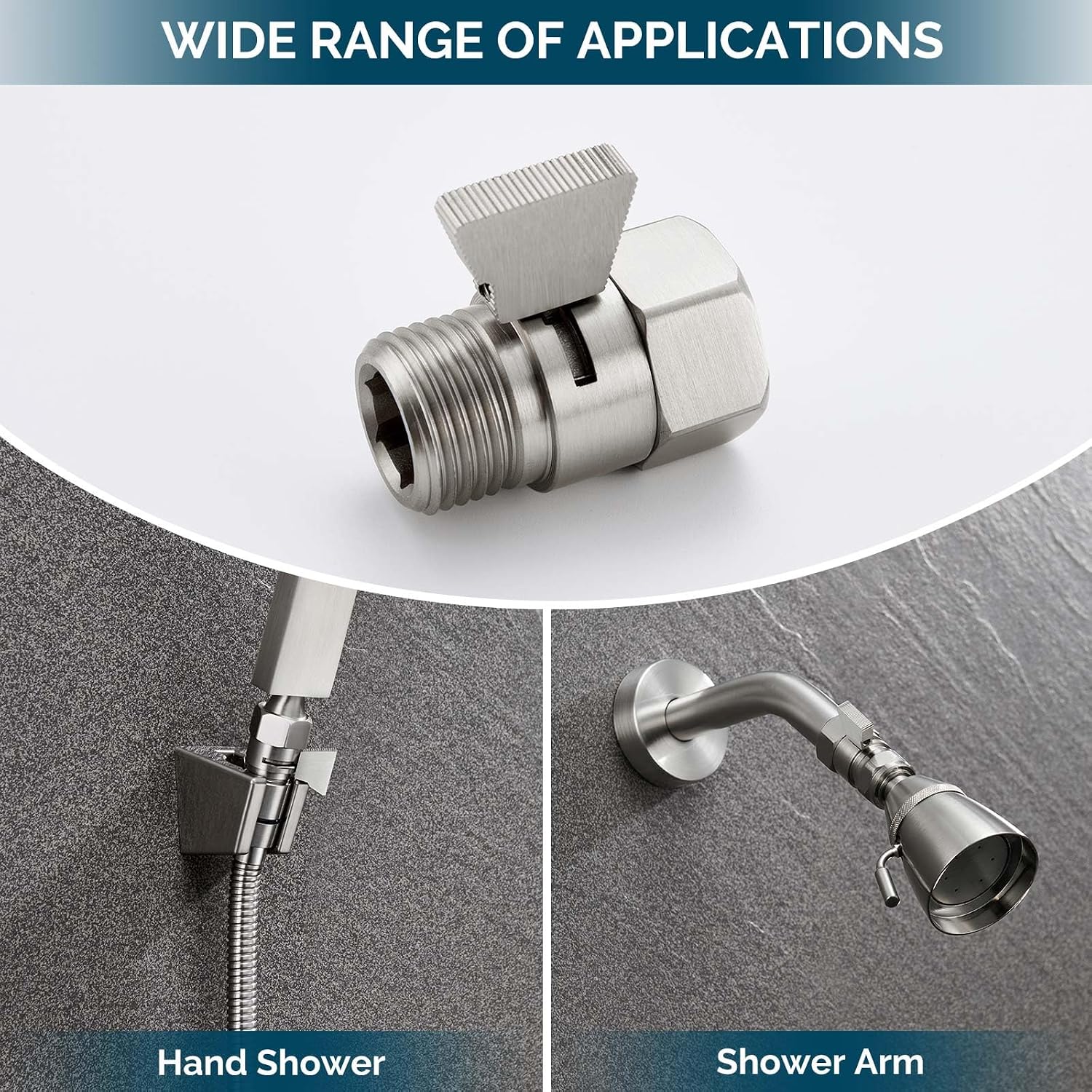 Brass Body Shower Valve with Sliding Lever - Brushed Nickel, G 1/2 Thread Water Saver Flow Adjuster Shut Off, Robust Water Volume Reducer for Handheld Showers or Bidet Sprayers