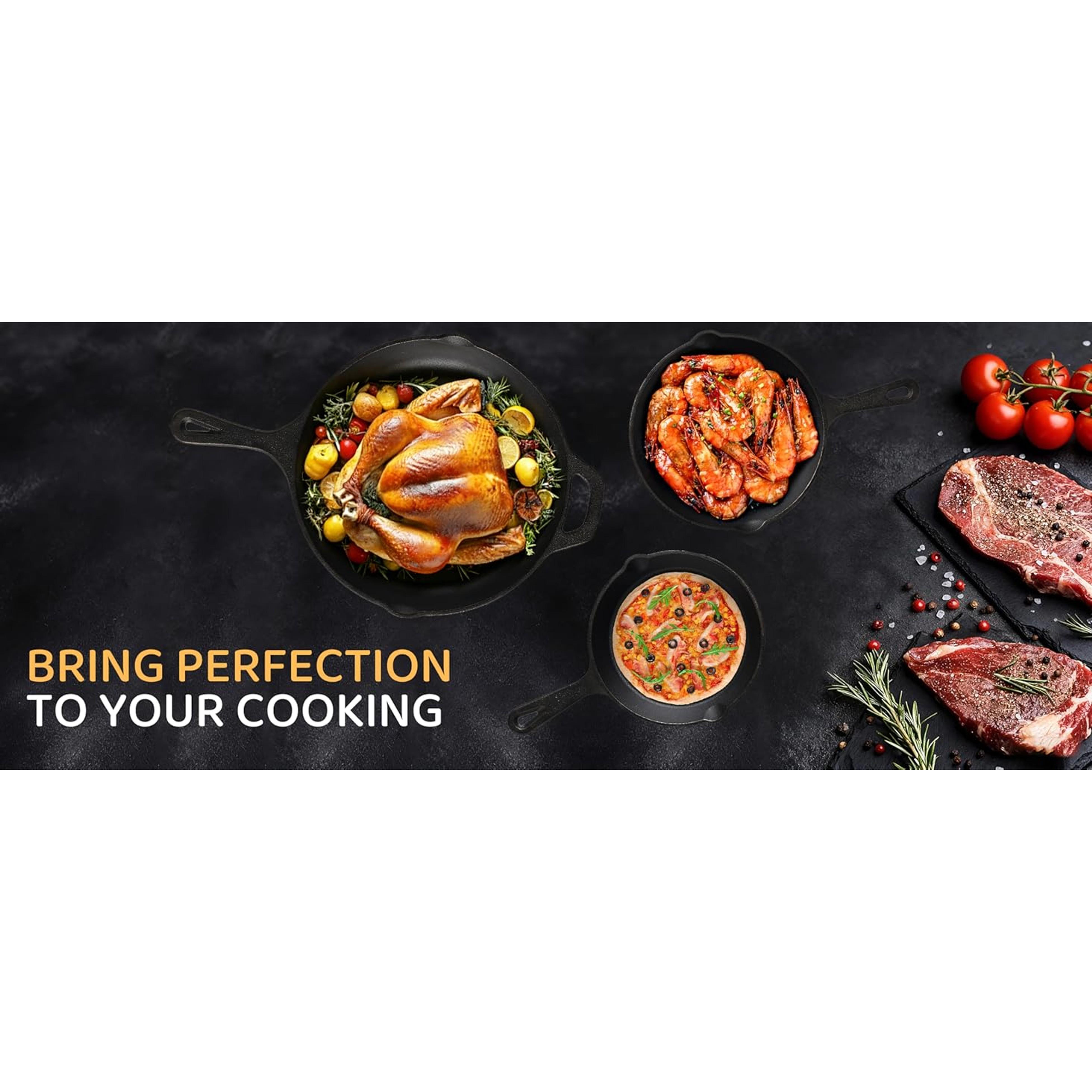 Cast Iron Skillet 3-Piece Set, Heavy-Duty Professional Restaurant Chef Quality Pre-Seasoned Pan Cookware Set, 6", 8", 10" Pans For Frying, Saute, Cooking, Use Indoor/Outdoor, Oven, Grill Cast Iron Skillet 3-Piece Set, Heavy-Duty Professional Restaurant Chef Quality Pre-Seasoned Pan Cookware Set, 6", 8", 10" Pans For Frying, Saute, Cooking, Use Indoor/Outdoor, Oven, Grill