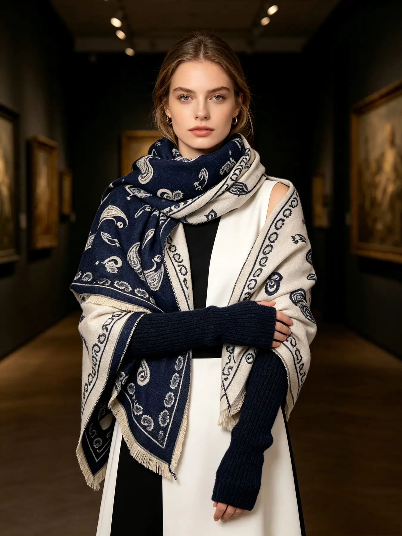 Ultra Thick Luxurious Imitation Cashmere Paisley Long Scarf, Reversible Tassel Shawl, Soft Warm Wrap for Women, Fall Winter