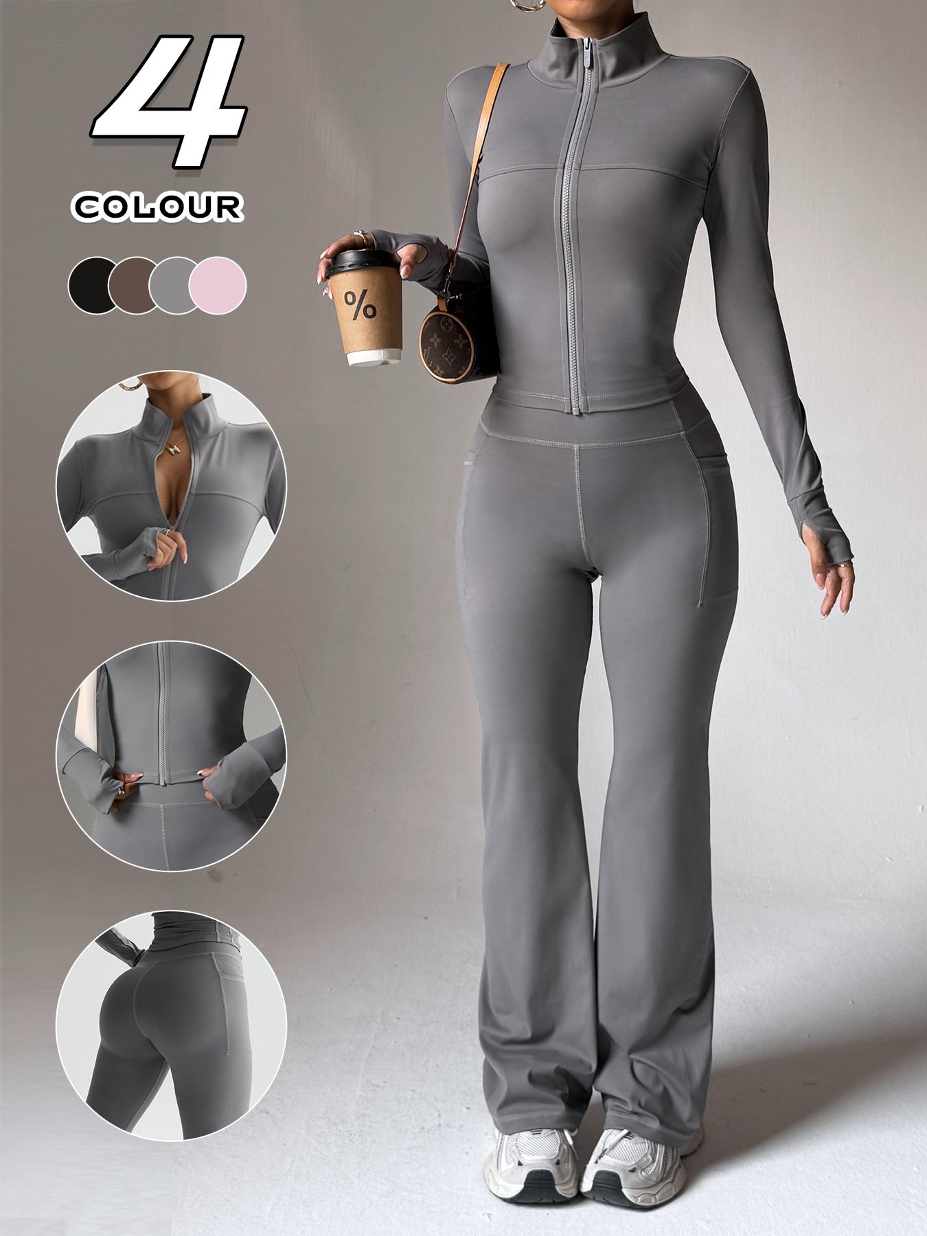 Women's High Stretch Quick-Dry Breathable Long Sleeve Top and Wide Leg Pants Set, Sporty Plain Design, All Seasons Wear