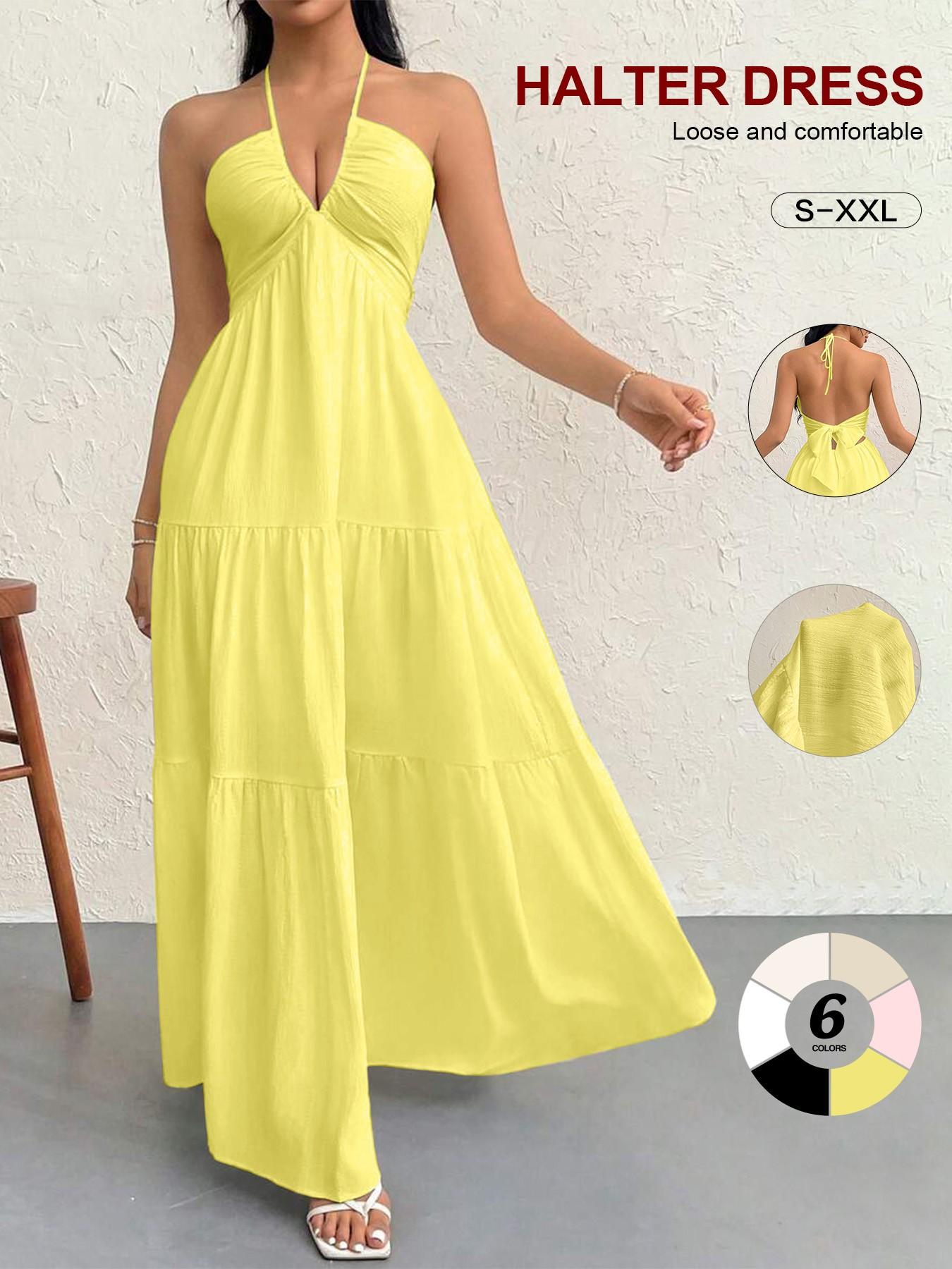 Women Halter V Neck Maxi Dress, Ruched Bust Empire Waist, Tiered Flowy Long Dress, Sleeveless Spaghetti Strap, Beach Vacation Sundress, Casual, Elegance