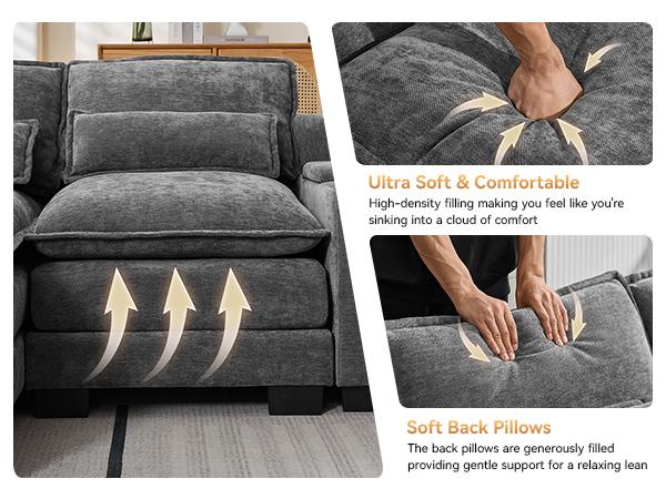 125'' U Shaped Cloud Modular Sectional Sofa with Chaise Lounges, Chenille Upholstered Comfy Couch with Storage Console, USB Charging Ports & Cup Holders, Modern Deep Seat Sofa for Living Room, Beige