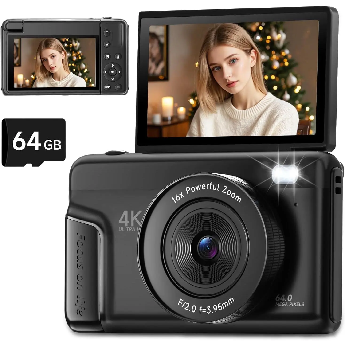 4K Digital Camera 180° Flip Screen Autofocus 64MP 16X Zoom, Black | 4K Video Recording, 64GB Card, -In Flash, Vlogging Camera for YouTube Photography, Compact Travel Camera for Beginner