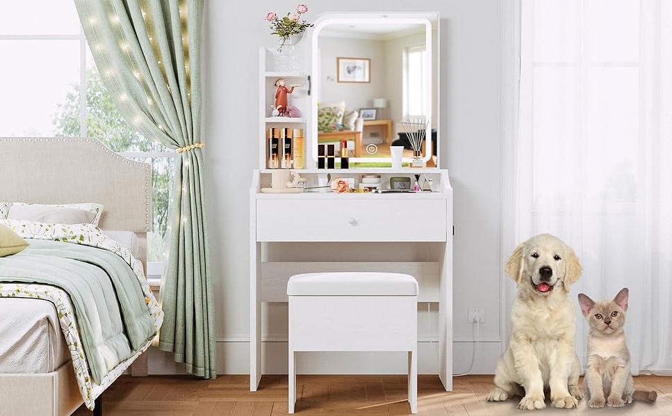 Small Makeup Vanity Desk with Adjustable LED Lights, Compact Vanity Set with Storage Drawers & Stool & Shelves, Modern Vanity with Metal Legs for Bedroom Small Makeup Vanity Desk with Adjustable LED Lights, Compact Vanity Set with Storage Drawers & Stool & Shelves, Modern Vanity with Metal Legs for Bedroom