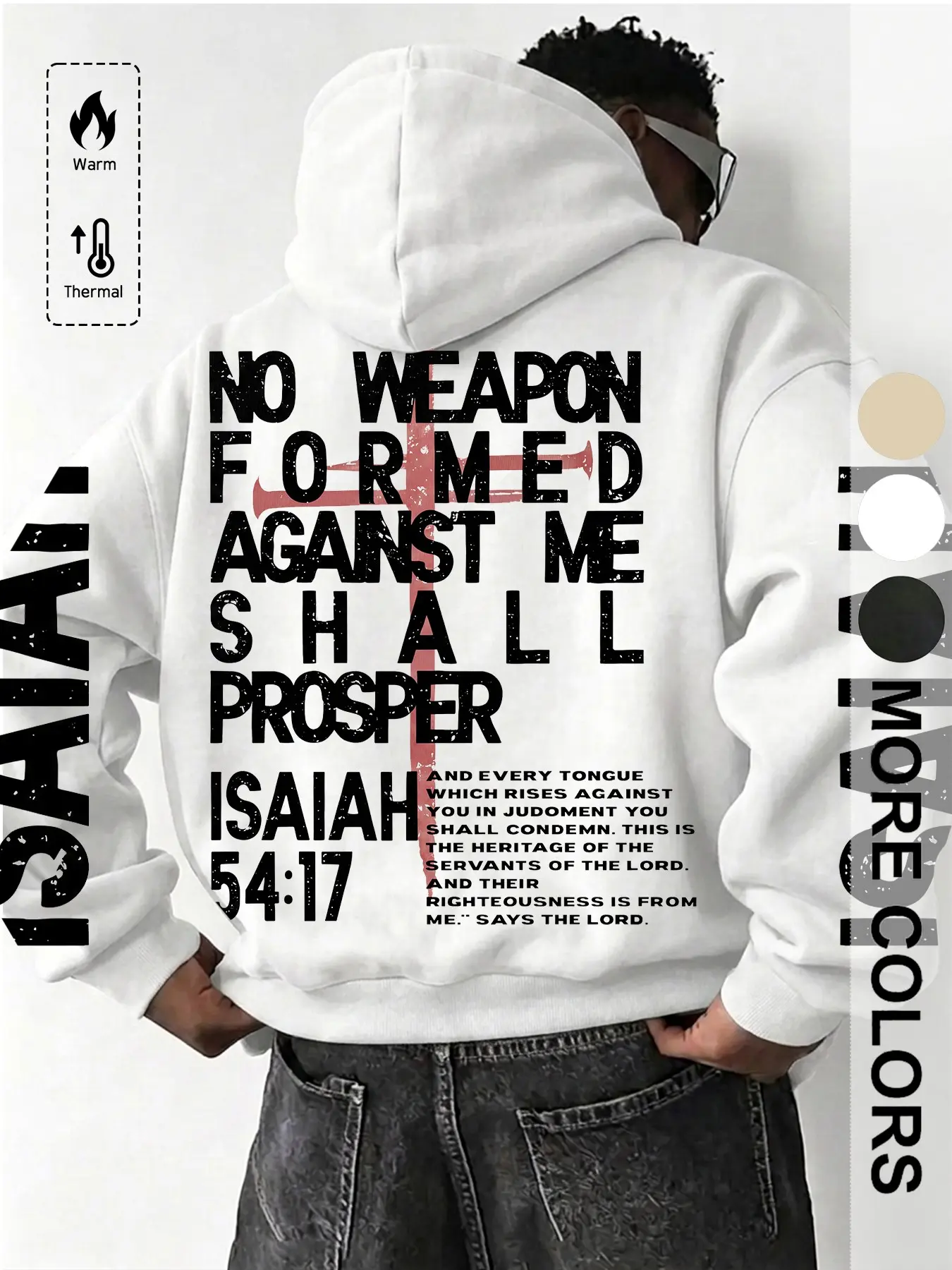 Men's Cross Print Hoodie, Vintage Letter Long Sleeve Loose Fit Casual Sweatshirt, Back Bible Verse Design, Unisex Teacher Gift