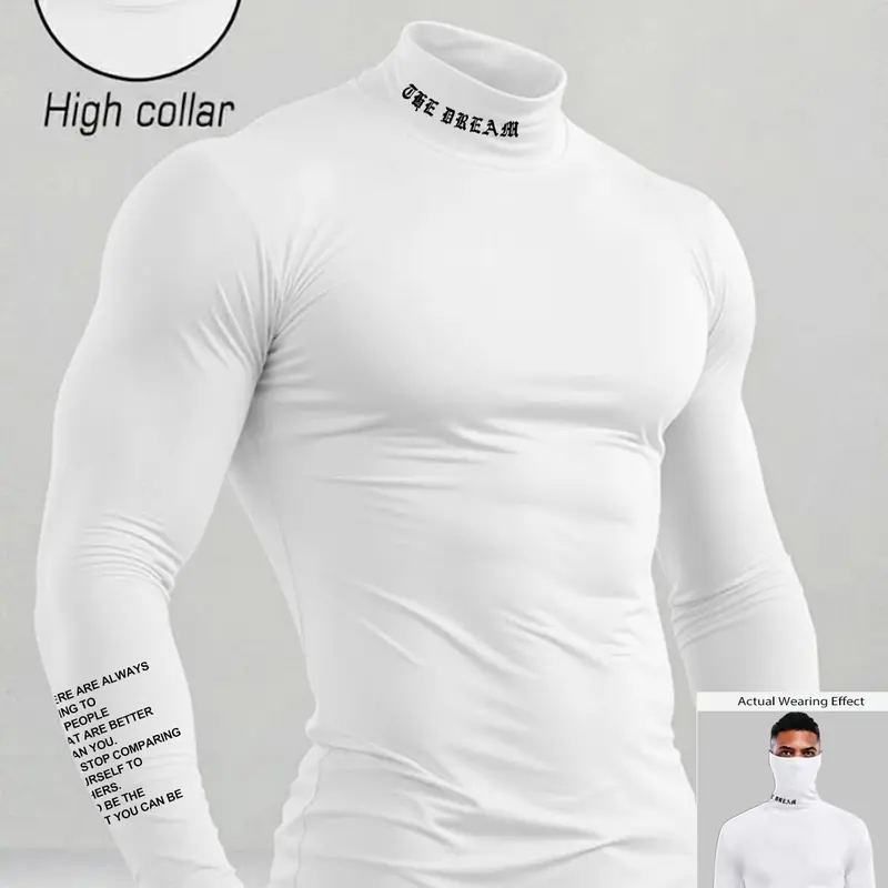 Men's Motivational High Neck Sports Tight Fit T-Shirt, the Dream Slogan, Athleisure Style, Gym Training Running Top, Gym Tees, Casual Sports Tops, Fall & Winter, Fitness Training Top, Fitted Sportswear, Sportswear Clothing