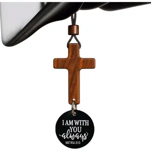 Daily Bible Verse Rearview Mirror Cross Ornament – Daily Scripture Car Charm Hanging Cross for Car with “I Am with You Always” Medallion (Black)
