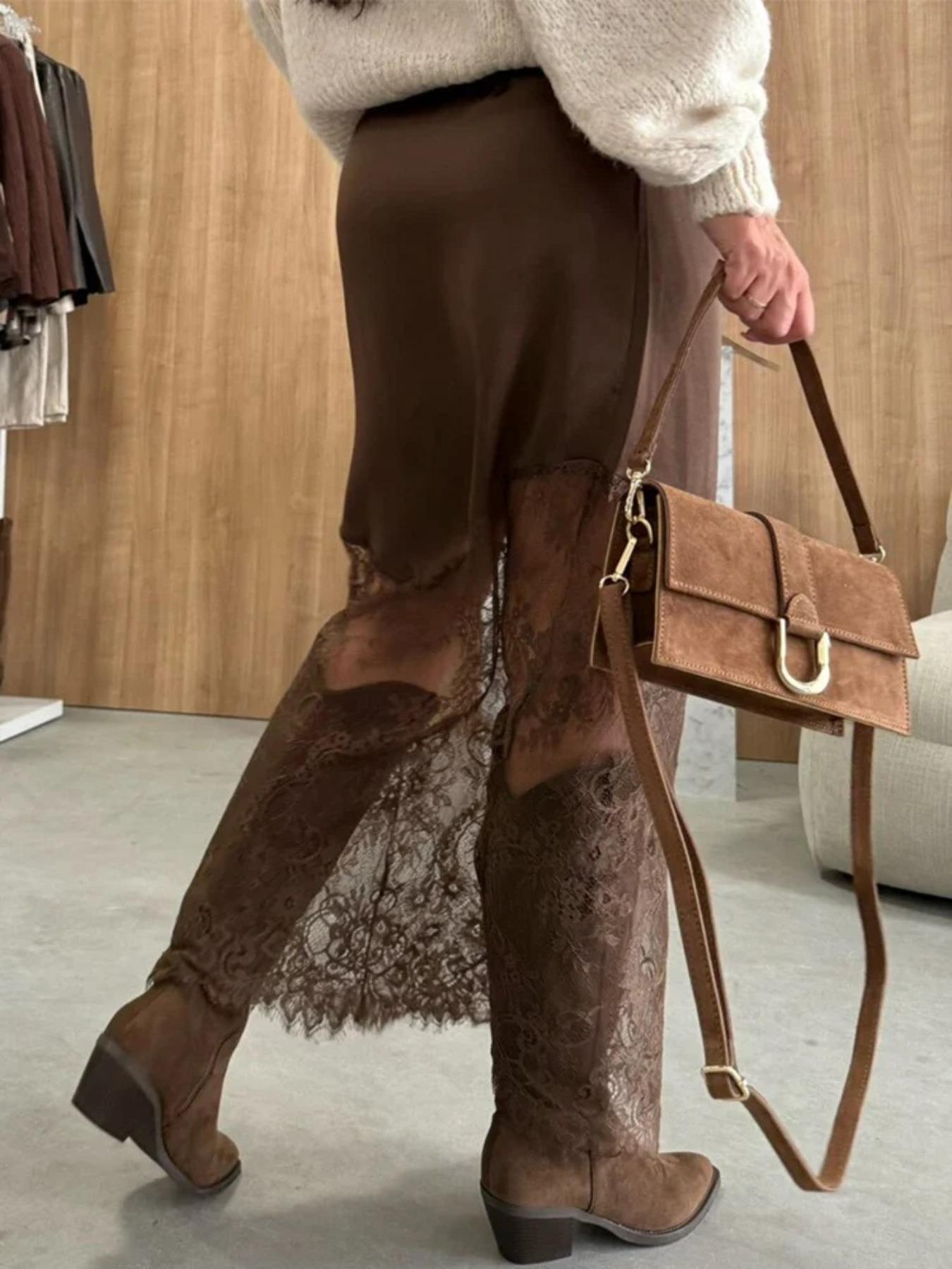 Elegant Solid Color Woven Fabric Lace Patchwork High Waist Midi Skirt, Daily Commute Fitted Skirt, Spring & Fall Fashion