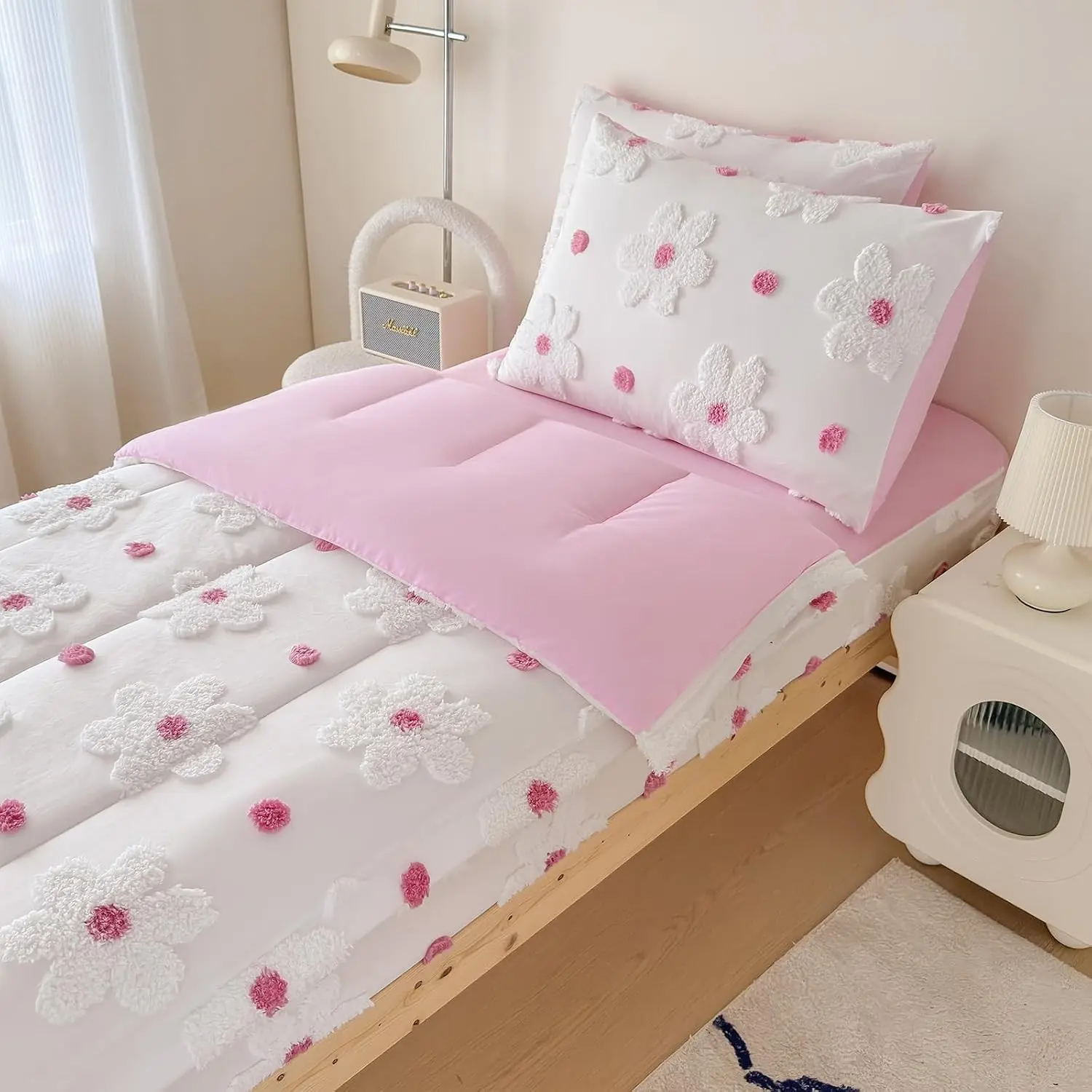Floral Zipper Bedding Twin Girls Pink Tufted Flower Comforter All-in-One Zipper Kids Bedding