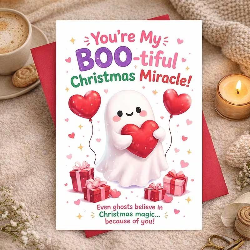 Adorable Christmas Greeting Card with Envelope, Cute Ghost Holding Heart, 'you Are My Beautiful Miraculous' for Partner, Festive Cartoon Style