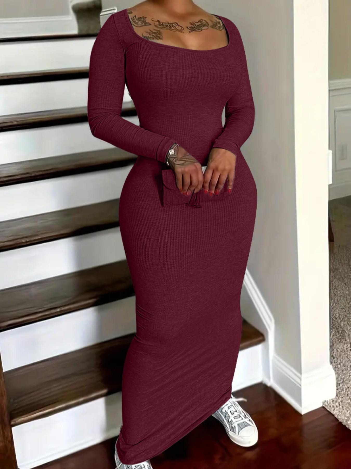 Women's Solid Scoop Neck Ribbed Bodycon Dress, Casual Long Sleeve Long Dress for Fall & Winter, Women's Clothing for Daily Wear