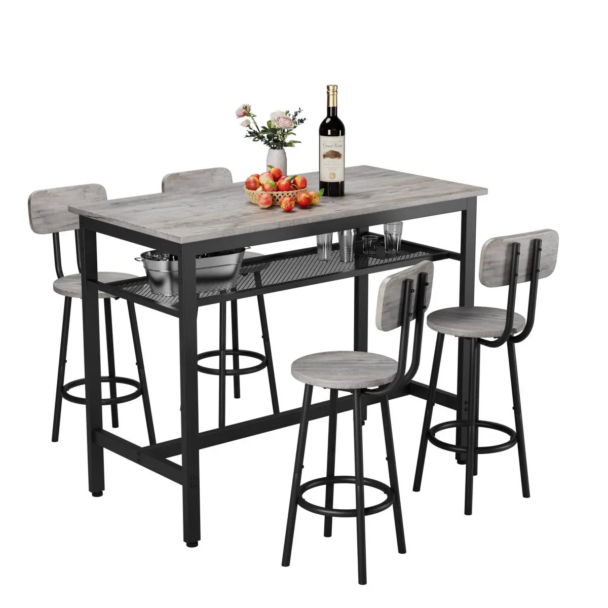 5-Piece Counter Height Dining Table Set with 4 Chairs, Rectangle MDF and Iron Bar Table, Space-Saving Kitchen Breakfast Nook Set for Small Apartments