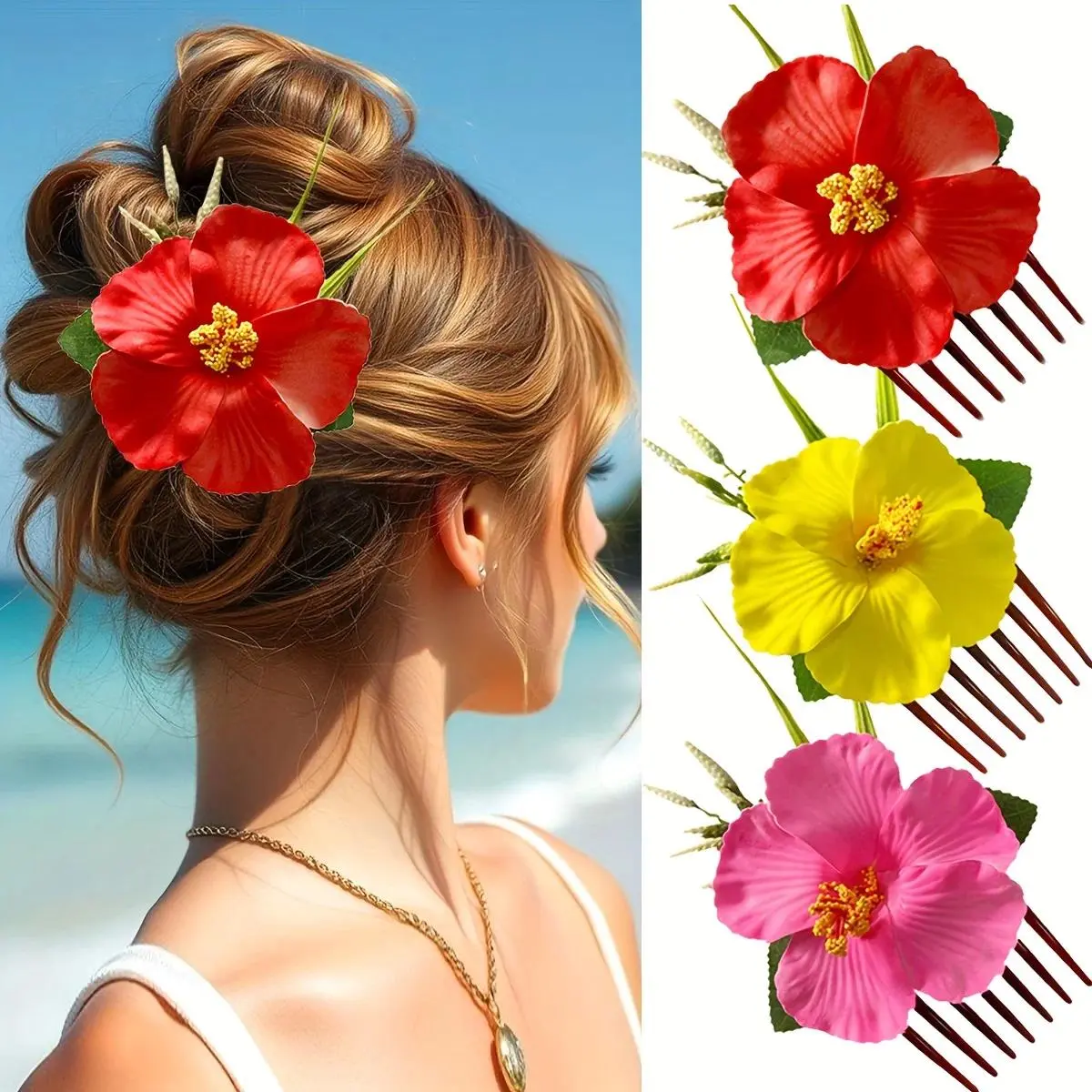 New Bohemian simulation fabric Hawaiian Fuso flower extended plug comb hair comb headgear is suitable for seaside vacation photo dressing Bride bridesmaid disc hair accessories headgear hair side comb
