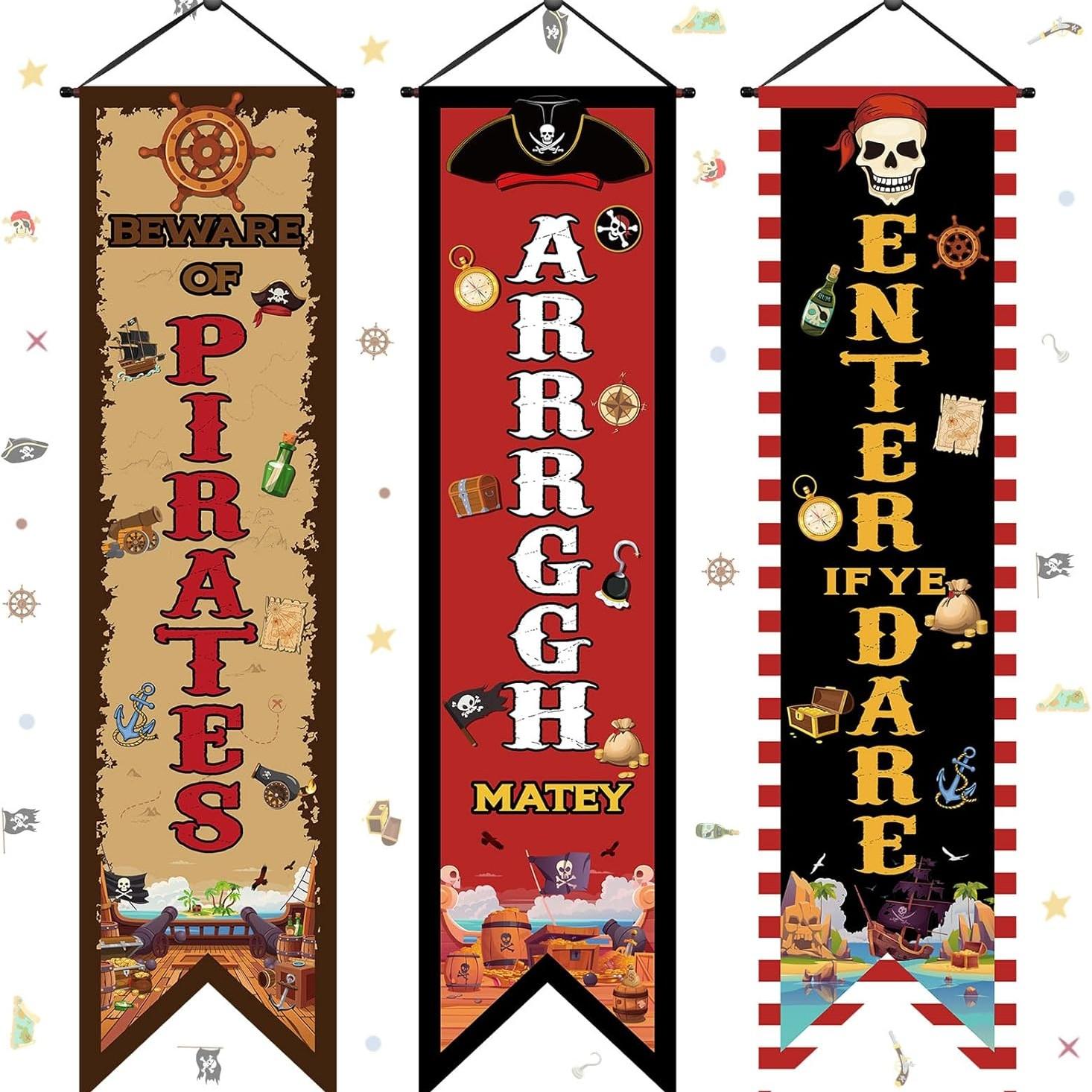 3 Pcs Pirate Banners, Beware of Pirate Porch Sign, Treasure Hunt Hanging Flags, Halloween Party Decorations, Birthday Photo Props