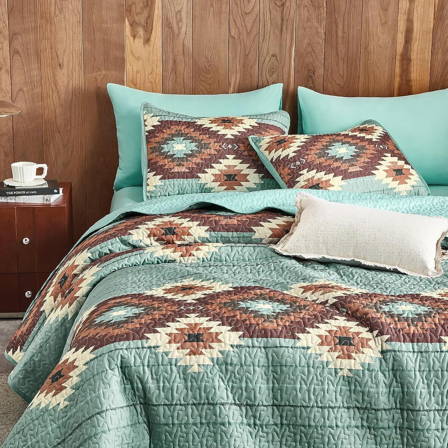 Western Quilt Set, Aztec Southwestern Rustic Farmhouse Country Cabin with Geometric Pattern, Reversible Lightweight Bedspread Coverlet, 3 Pieces, Teal Brown, Queen/Full Size
