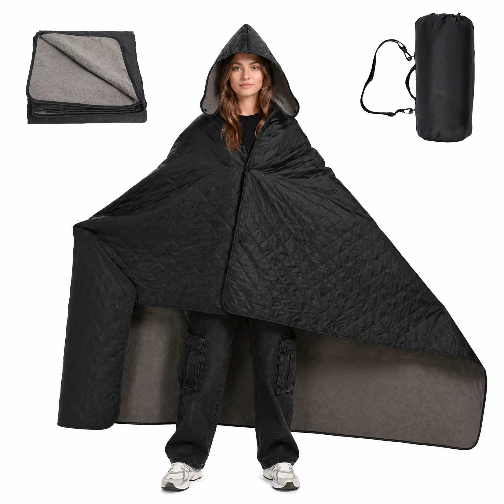 Waterproof Hooded Outdoor Camping Blanket – 210T Polyester & Fleece, Detachable Hood, Hidden Pocket, Shoulder Strap Bag, Washable, Windproof, Portable Picnic Mat for Hiking, Outdoor Bedding