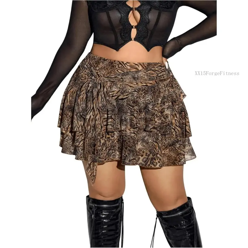 Women's Plus Size Halloween Cheetah Print Skorts Ruffle Layered High Waist Leopard Printed Skirt Y2KXX15ForgeFitness