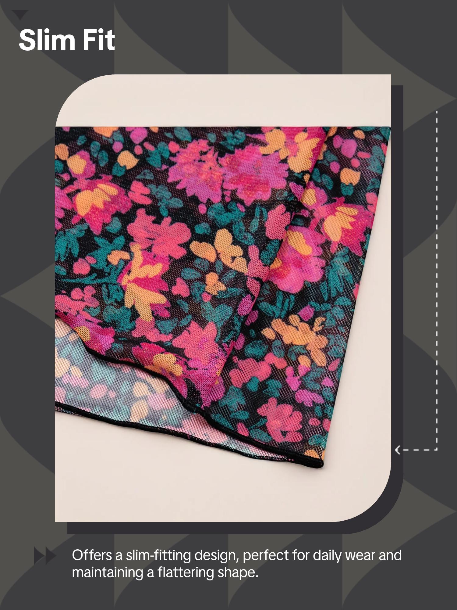 Spring & Fall Women's Rose Print Mesh Long Sleeve Stand Collar Fitted Top, Stylish and Comfortable Casual Wear, Perfect for Daily Use