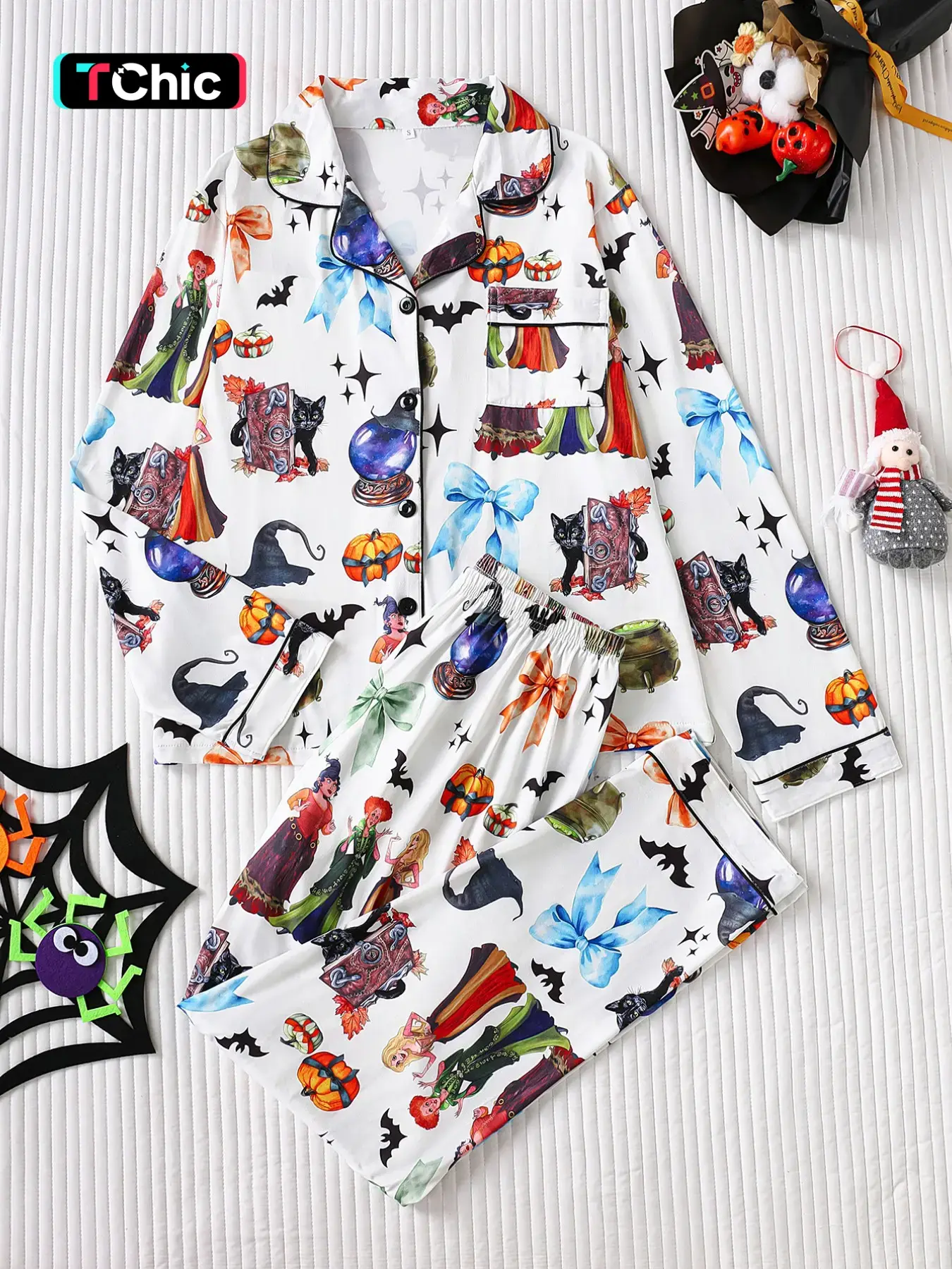 Halloween Witch Cat Pumpkin Pajama Set Pjs for Women, Soft Smooth Fabric, Lapel Open Front Long Sleeve Pants Set, Mystical Loungewear Nightwear Home Wear