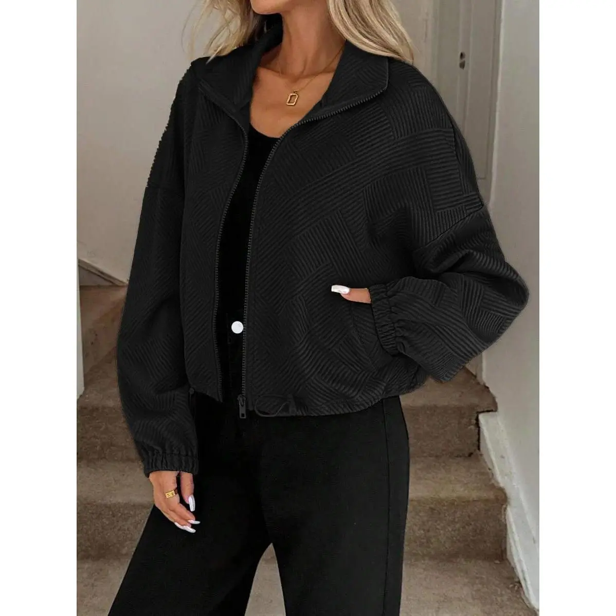 Women's European/American Cropped Olive Green Soft Knit Casual Bomber Jacket - Stand Collar, Long Sleeve, Full-Zip Varsity Baseball Jacket