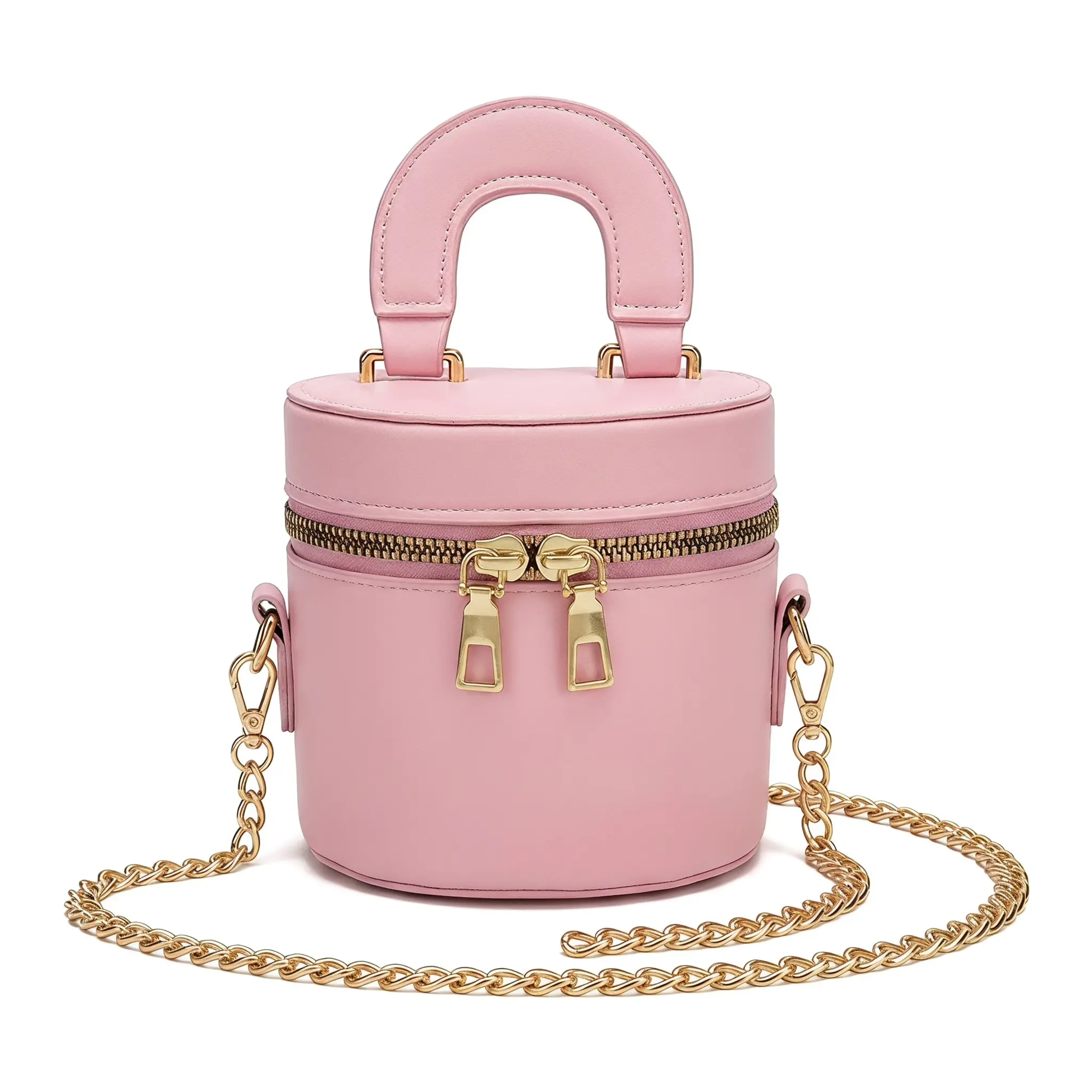 Cozy Khaki Crossbody Bag For Women Retro Mini Chain Shoulder Bag Korean Style Double Zip Barrel Purse Street Trend Everyday Essential Medium PU Handbag With Topstitching Inner Pocket Khaki Pink White Black