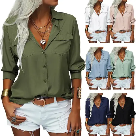 Imily Bela Women's Basic Solid Lapel Long-Sleeve Button-Front Casual Blouse - Breathable Roll-Up Tops, Stylish Wear, Business Casual Outfits, First Day of School Attire, Tops For Women,sohochic