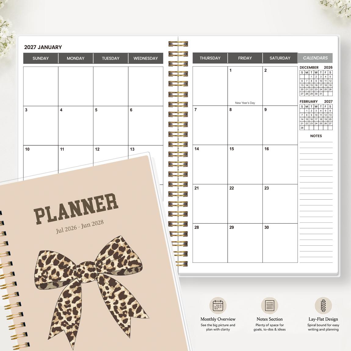 A5 Size Planner Notebook, Spiral Binding, Spiral Bound Planner, Leopard Print Bow Cover, Calendar & Memo Management, Ideal for Study Office Daily Planning